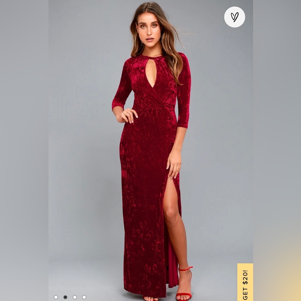 Lulus Keep Love Alive Wine Red Velvet Maxi with Front Slit Stretch Dress S